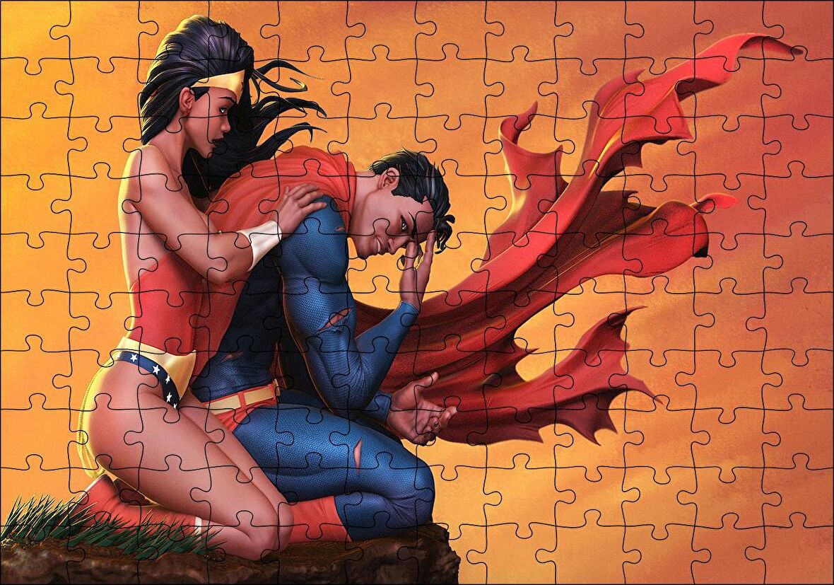 Cakapuzzle  Süpermen Ve Sarılan Harika Kadın Görseli Puzzle Yapboz MDF Ahşap