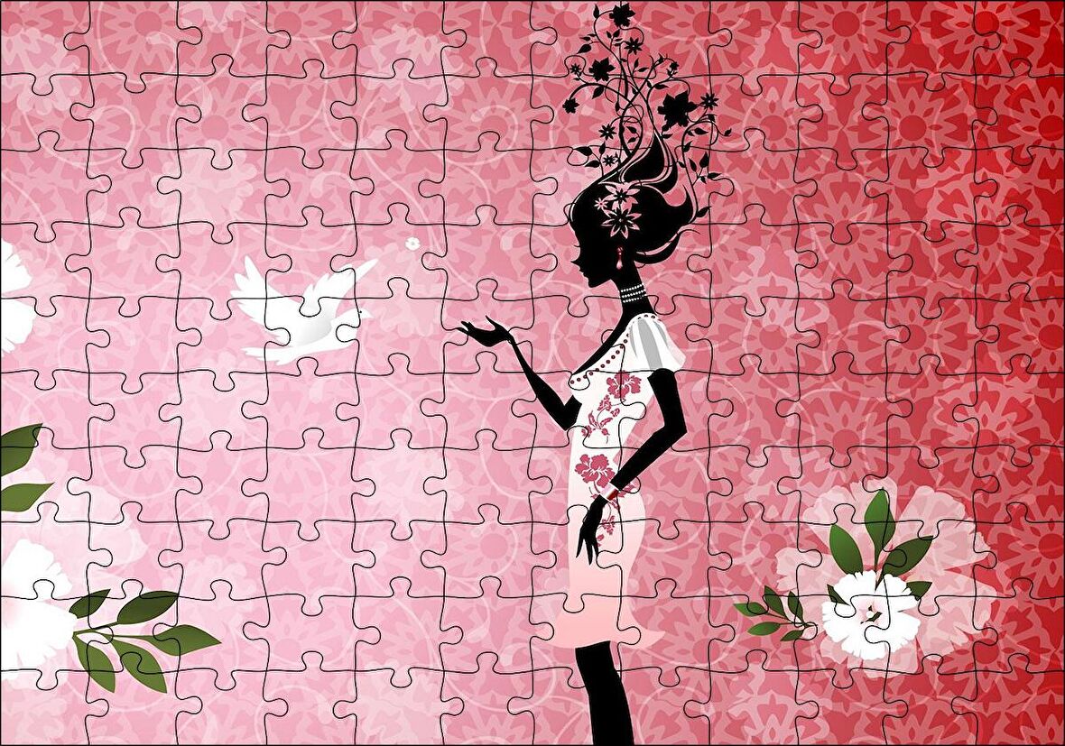 Cakapuzzle  Beyaz Elbiseli Kadın ve Güvercin Puzzle Yapboz MDF Ahşap