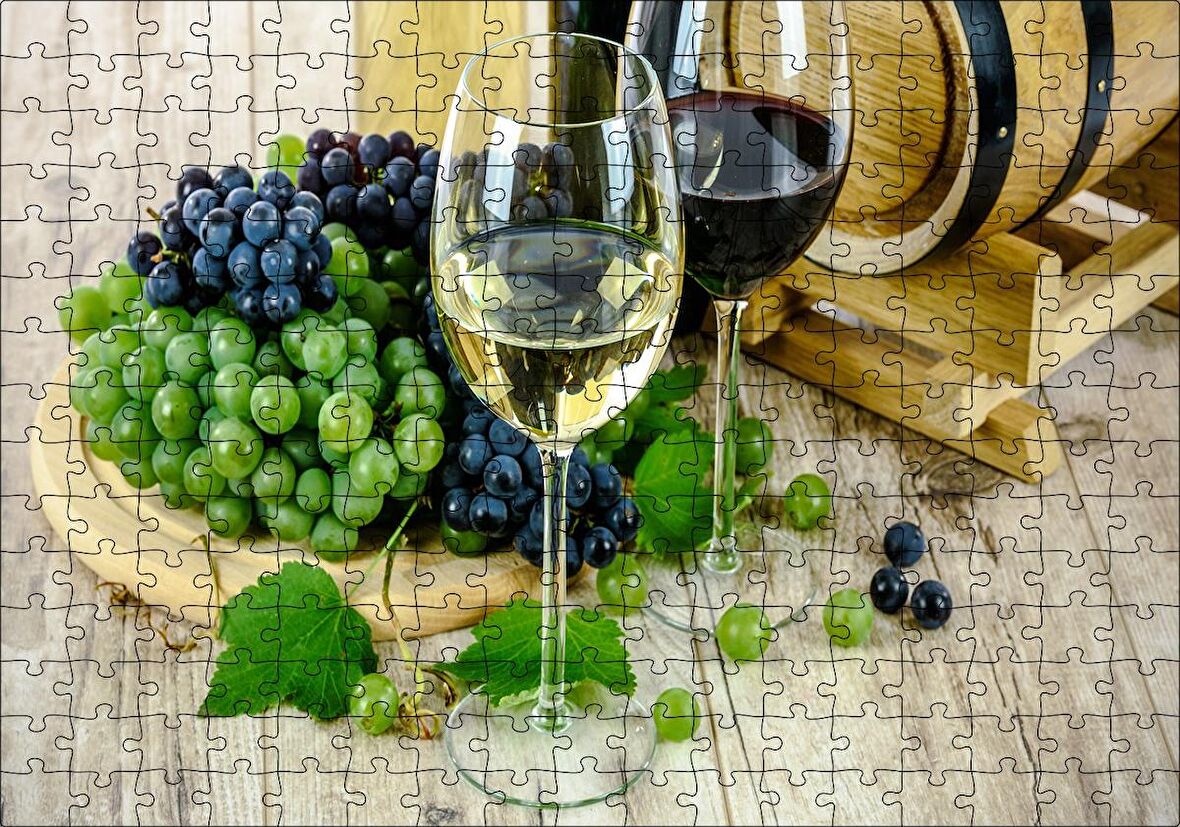 Cakapuzzle  Beyaz Kırmızı Şarap Üzüm Şarap Küpü Görseli Puzzle Yapboz MDF Ahşap