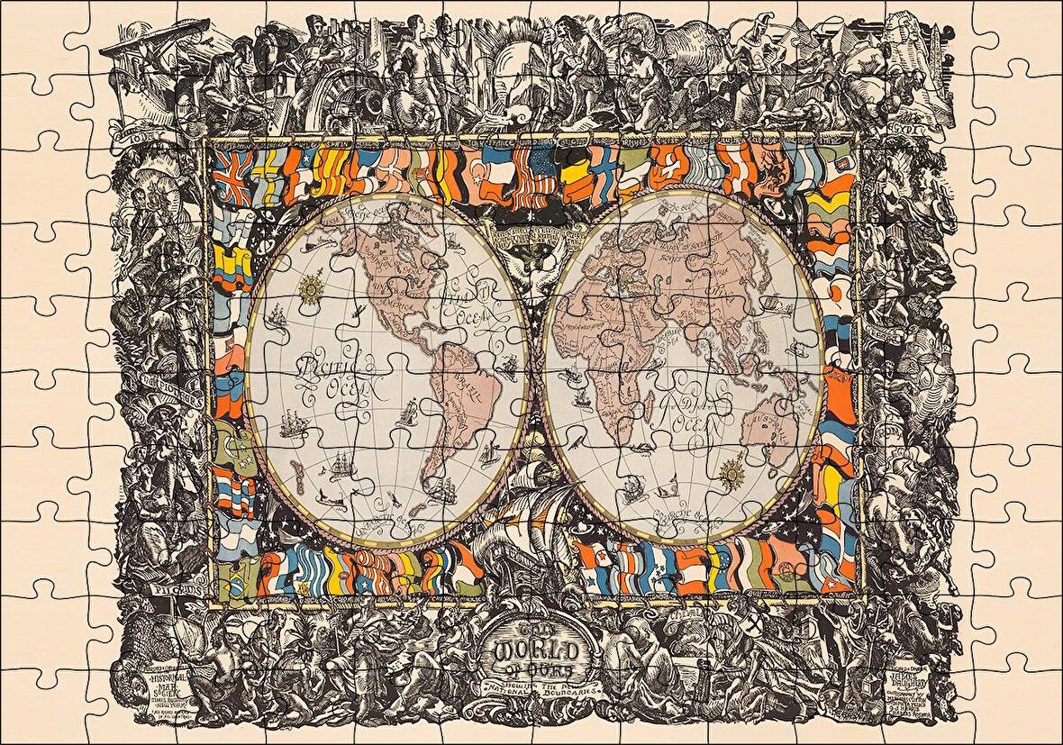 Cakapuzzle  Dünya Haritası Ülke Bayrakları Ve Tarihi Figür Görseli Puzzle Yapboz MDF Ahşap