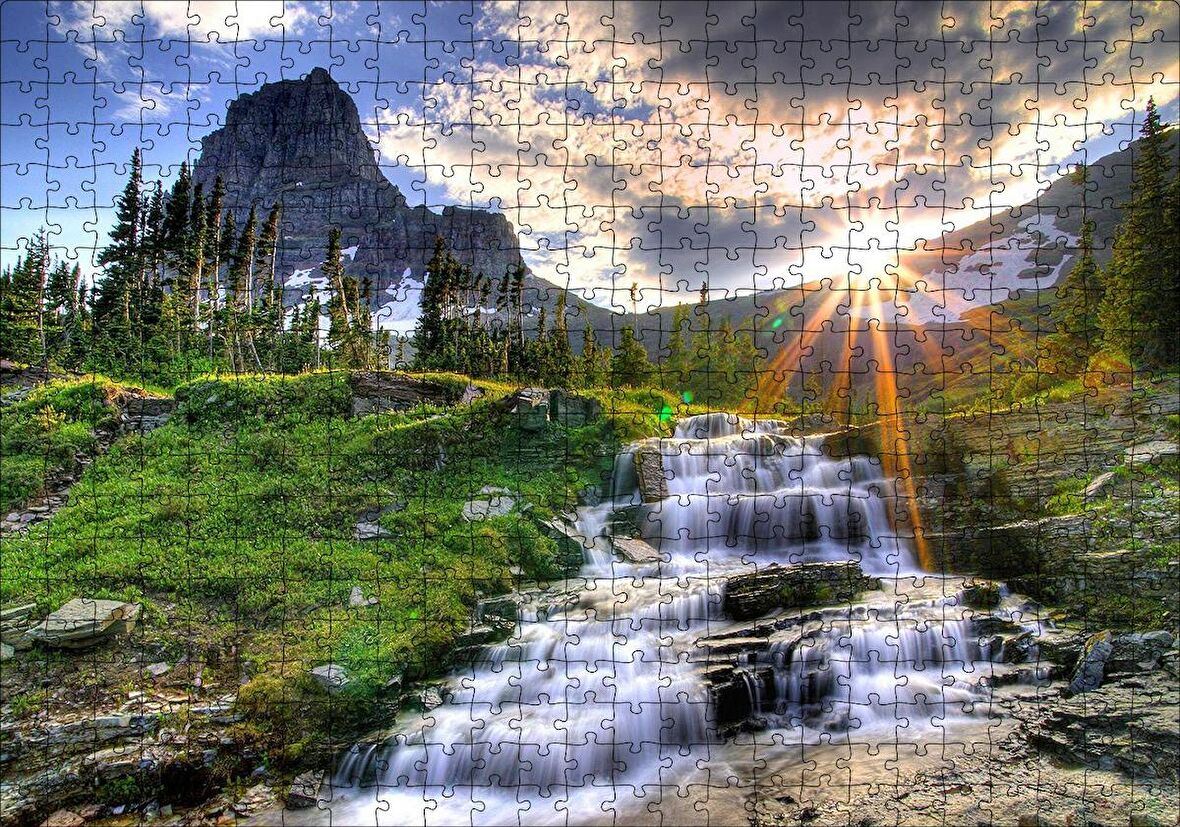 Cakapuzzle  Güneş Işınları Karlı Dağ Irmak Orman Görseli Puzzle Yapboz MDF Ahşap