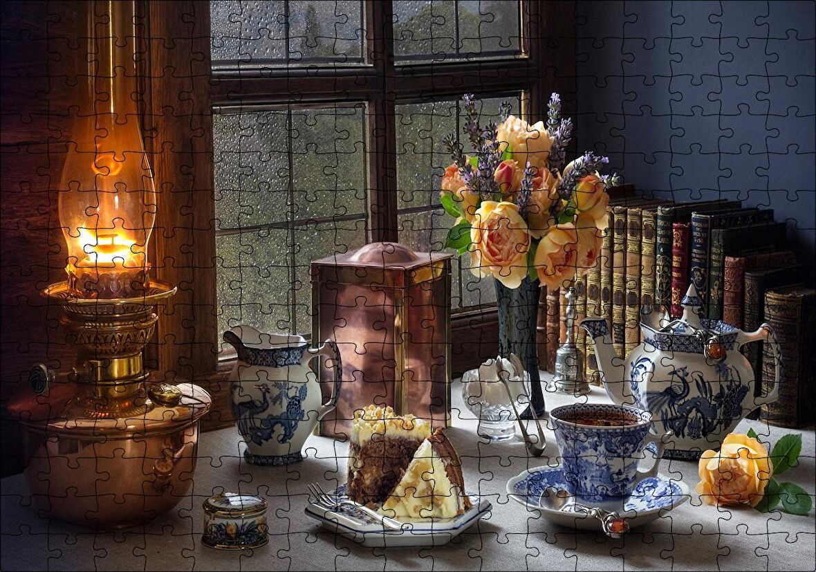 Cakapuzzle  Kek Ve Çay Ambiyans Pencerede Yağmur Görseli Puzzle Yapboz MDF Ahşap