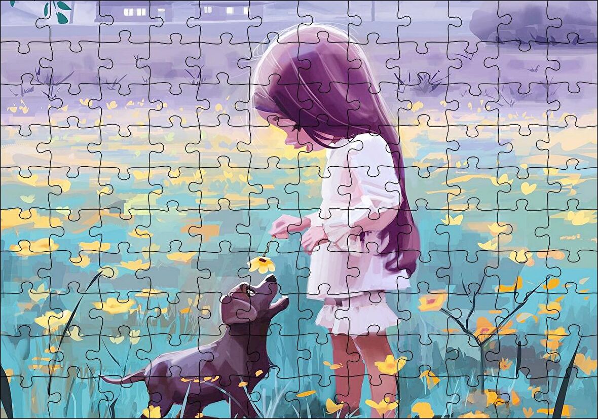 Cakapuzzle  Küçük Kız Sarı Çiçekler ve Yavru Köpek Puzzle Yapboz MDF Ahşap
