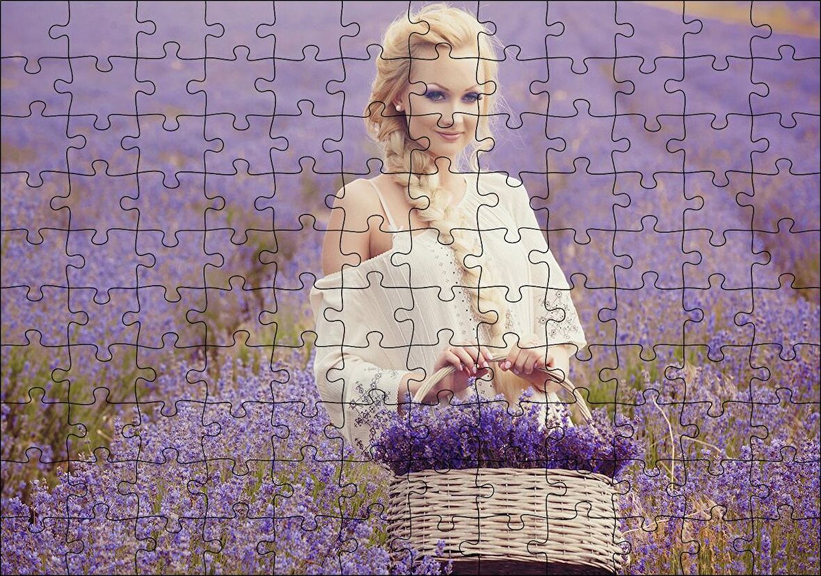 Cakapuzzle  Lavanta Tarlası ve Sepetli Kız Puzzle Yapboz MDF Ahşap