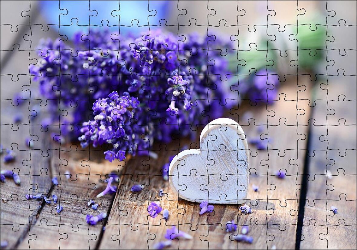 Cakapuzzle  Masada Buket Lavanta ve Tahta Kalp Puzzle Yapboz MDF Ahşap