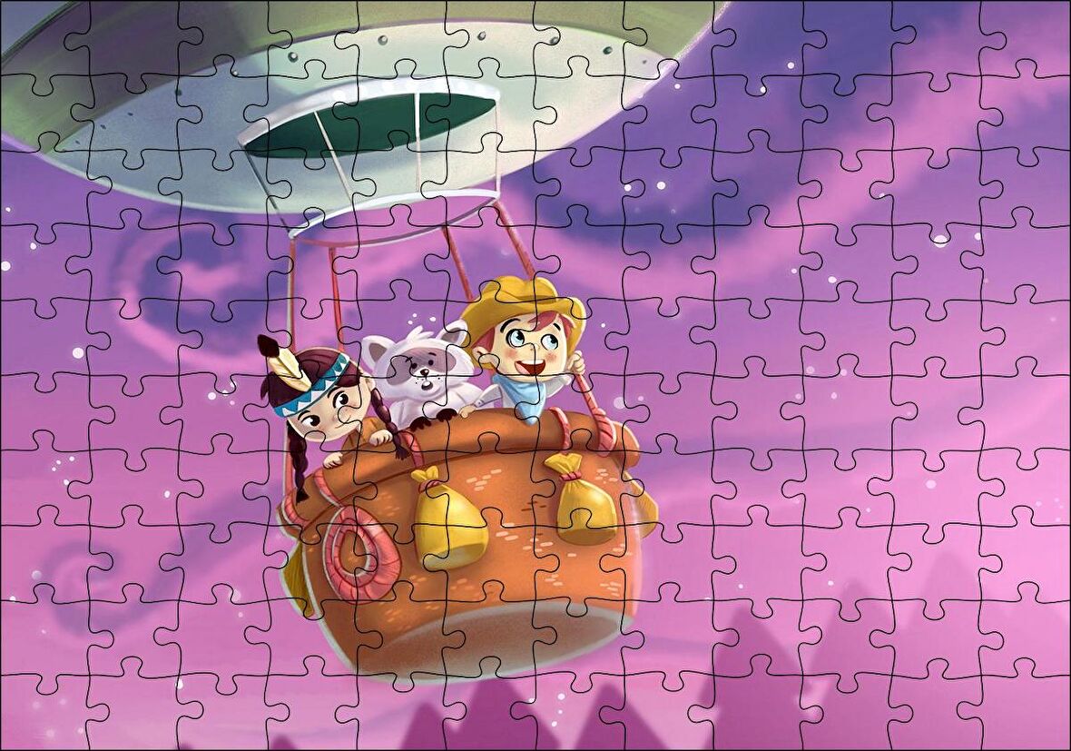 Cakapuzzle  Sıcak Hava Balonunda Çocuklar ve Rakun Puzzle Yapboz MDF Ahşap