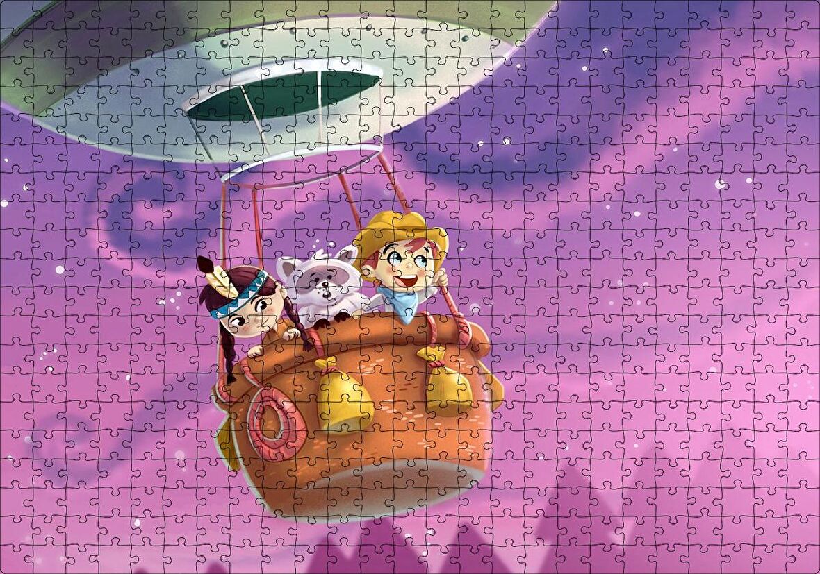 Cakapuzzle  Sıcak Hava Balonunda Çocuklar ve Rakun Puzzle Yapboz MDF Ahşap