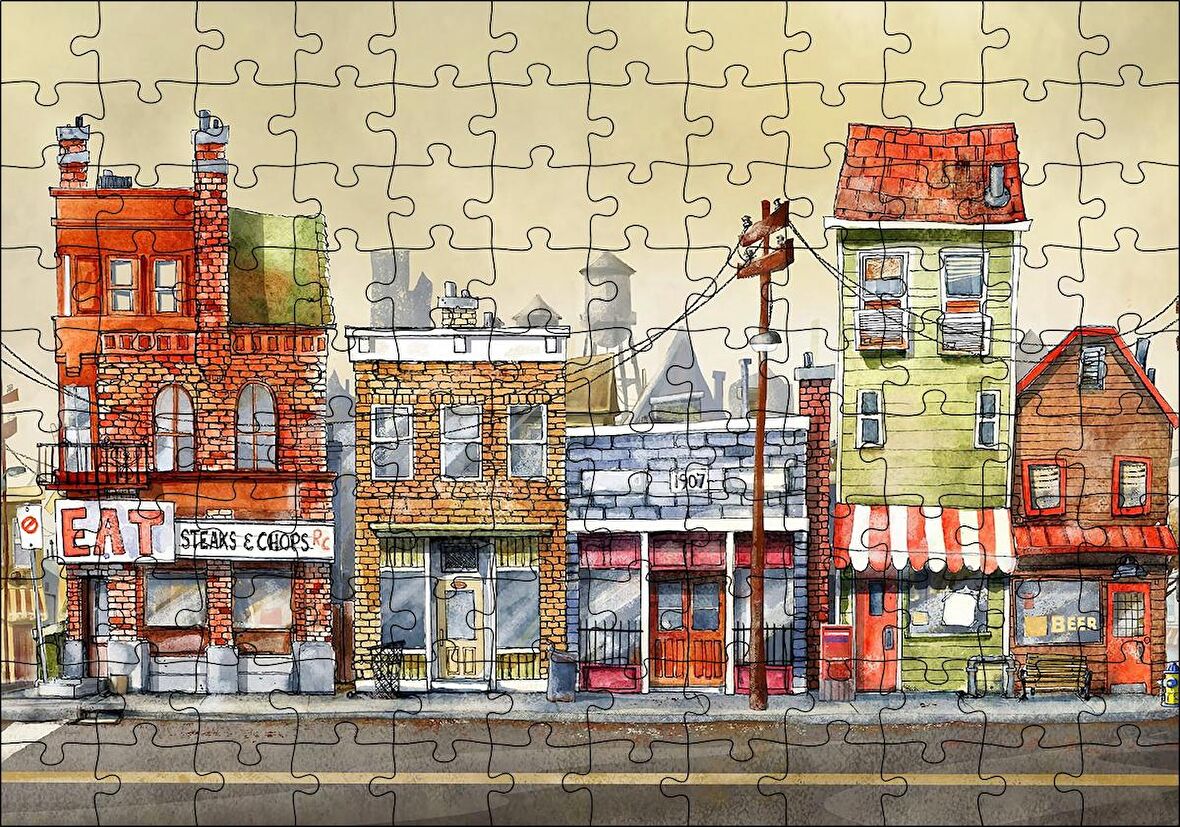 Cakapuzzle  Sokakta Binalar ve Dükkanlar Karikatürize Puzzle Yapboz MDF Ahşap