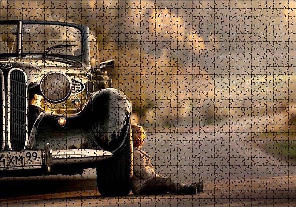 Cakapuzzle  Yolda Antika Araba Ve Çocuk Görseli Puzzle Yapboz MDF Ahşap