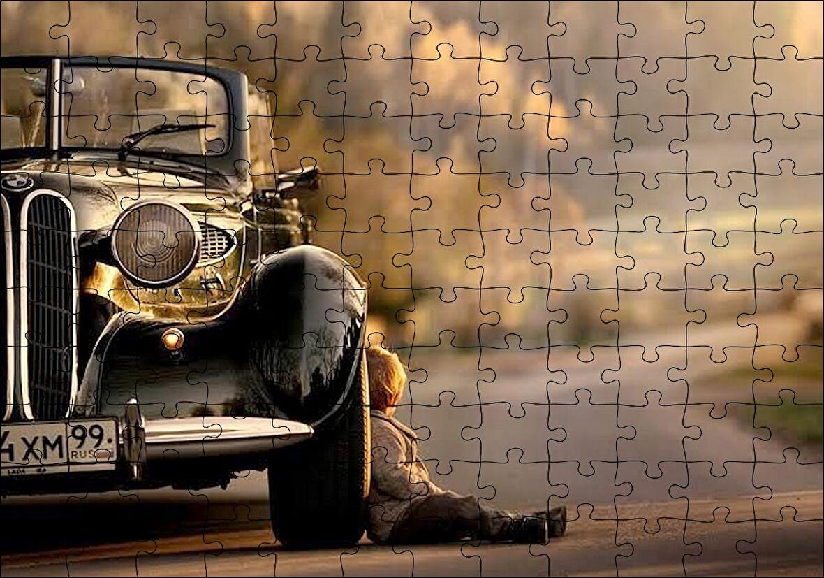 Cakapuzzle  Yolda Antika Araba Ve Çocuk Görseli Puzzle Yapboz MDF Ahşap