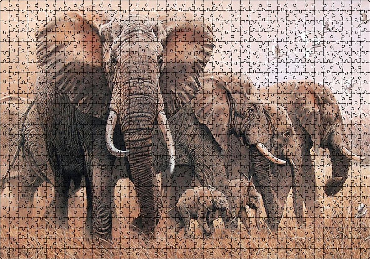 Cakapuzzle  Doğada Fil Ayleleri Kuşlar Görseli Puzzle Yapboz MDF Ahşap