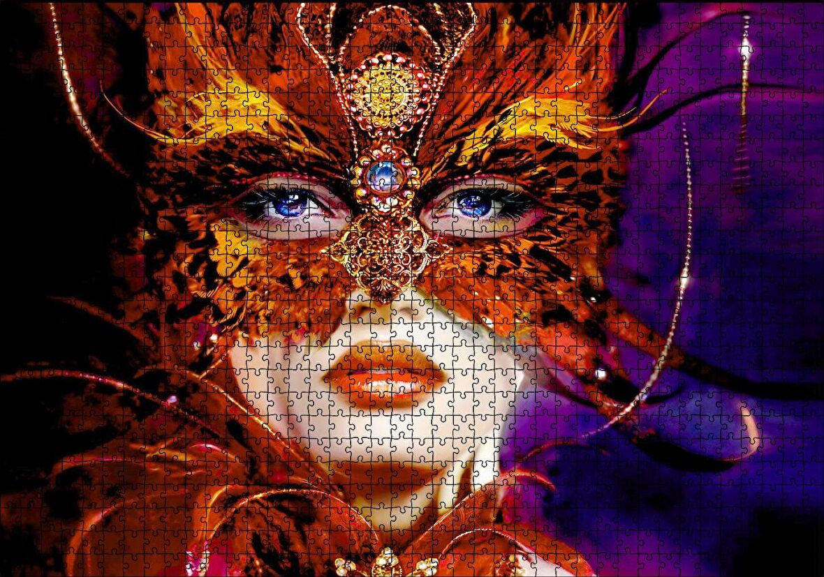 Cakapuzzle  Kırmızı Tüylü Maskeli Kadın Görseli Puzzle Yapboz MDF Ahşap