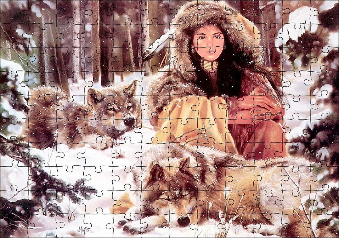 Cakapuzzle  Kızılderili Kız Ve Karlar İçinde Kurtlar Görseli Puzzle Yapboz MDF Ahşap
