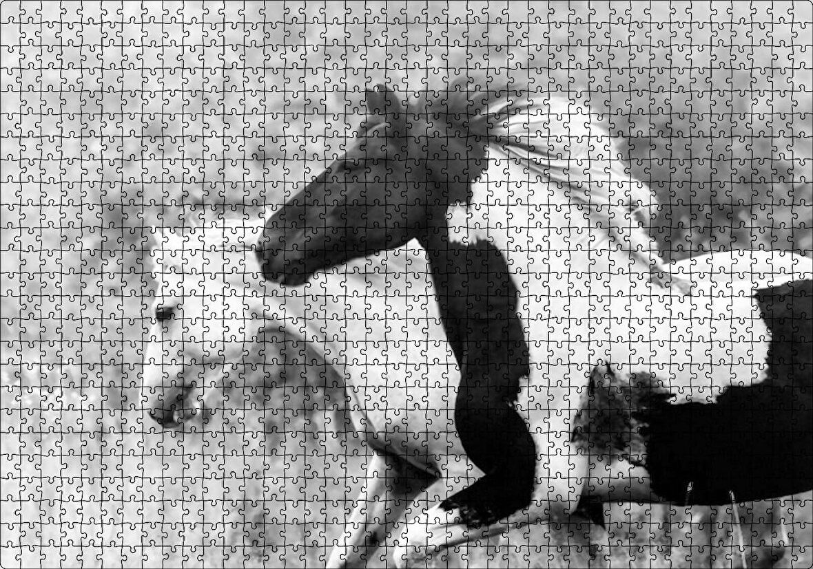 Cakapuzzle  Koşan Siyah Beyaz Atlar Görseli Puzzle Yapboz MDF Ahşap