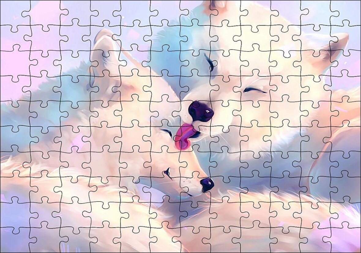 Cakapuzzle  Birbirini Temizleyen Beyaz Kurtlar Çizim Puzzle Yapboz MDF Ahşap