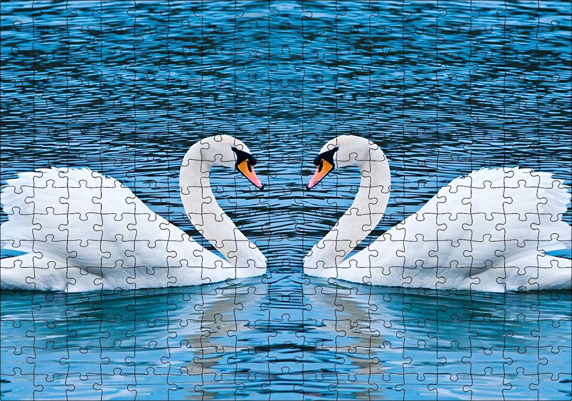 Cakapuzzle  İki Beyaz Kuğu Kalp Şekli Puzzle Yapboz MDF Ahşap