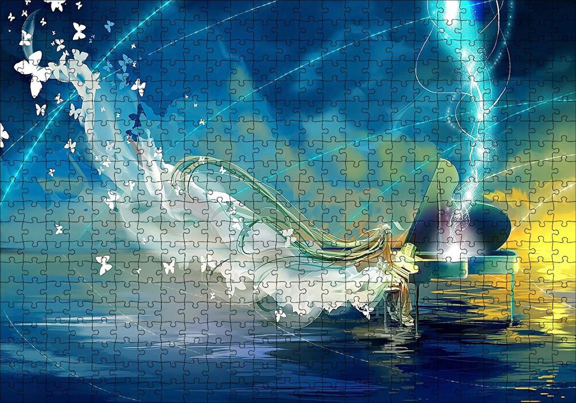 Cakapuzzle  Piyanist Kız ve Kelebeklerden Elbisesi Puzzle Yapboz MDF Ahşap