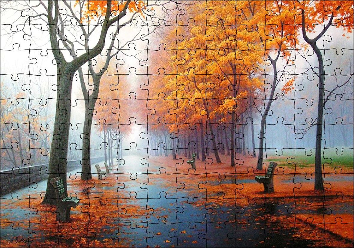 Cakapuzzle  Sonbahar Rengi Ağaçlar Sis ve Boş Banklar Puzzle Yapboz MDF Ahşap