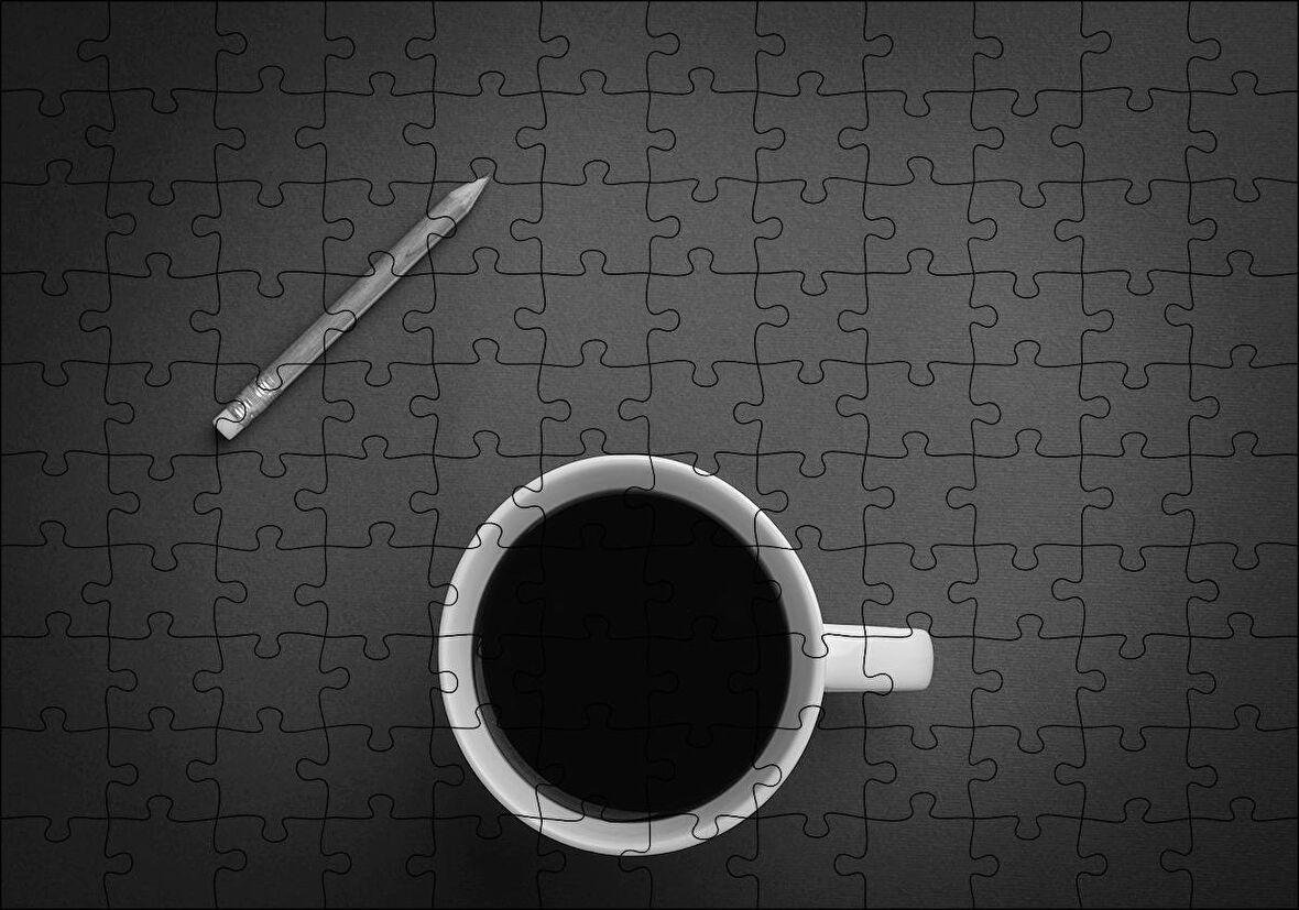Cakapuzzle Beyaz Seramik Fincanda Kahve ve Kurşun Kalem Puzzle Yapboz MDF Ahşap