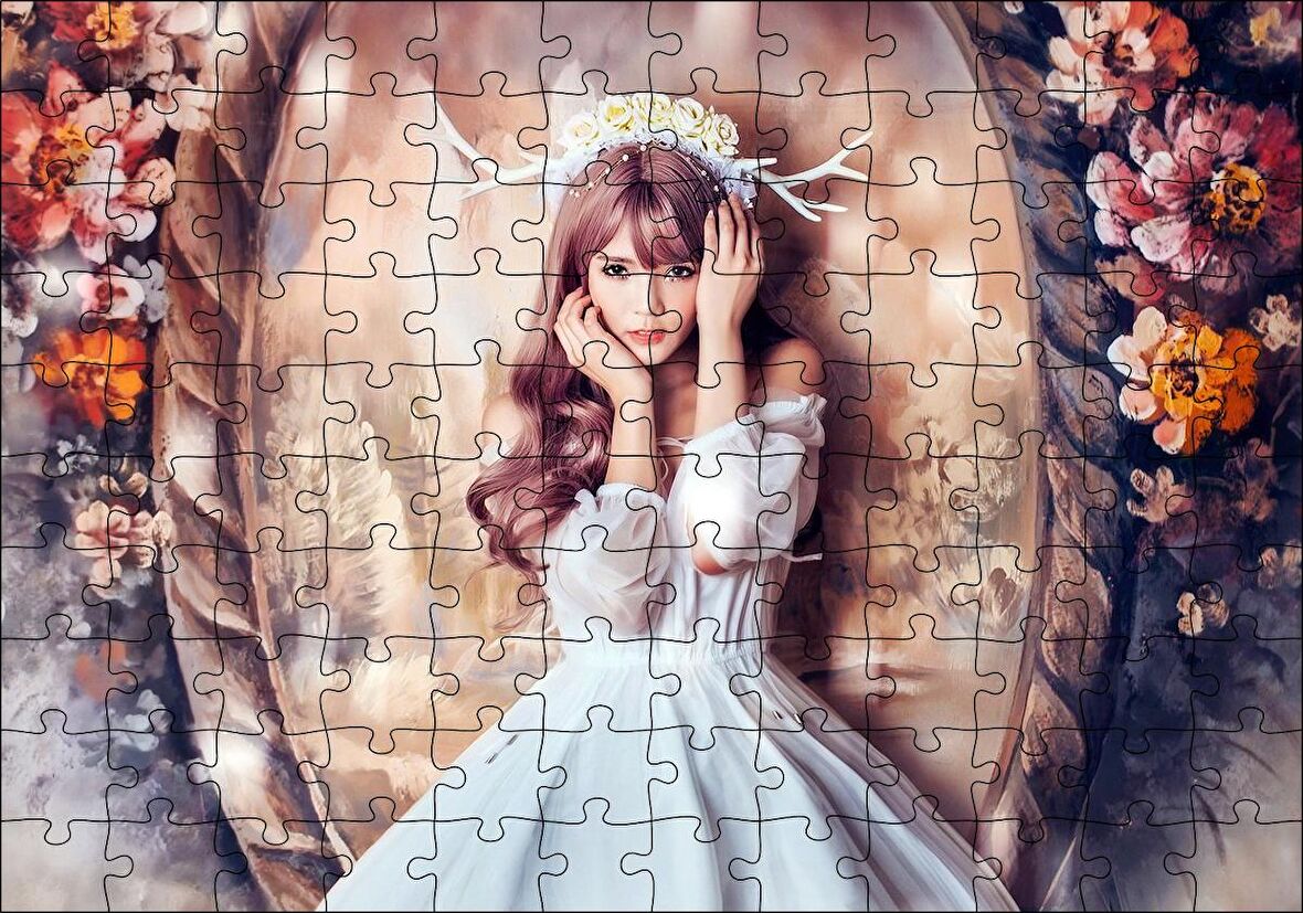 Cakapuzzle Ayna ve Çiçekler Önünde Beyaz Elbiseli Geyik Boynuzlu Kız Puzzle Yapboz MDF Ahşap