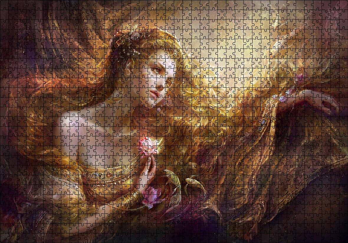 Cakapuzzle Bakır Saçlı Kadın Balıklar ve Kırmızı Gül Puzzle Yapboz MDF Ahşap