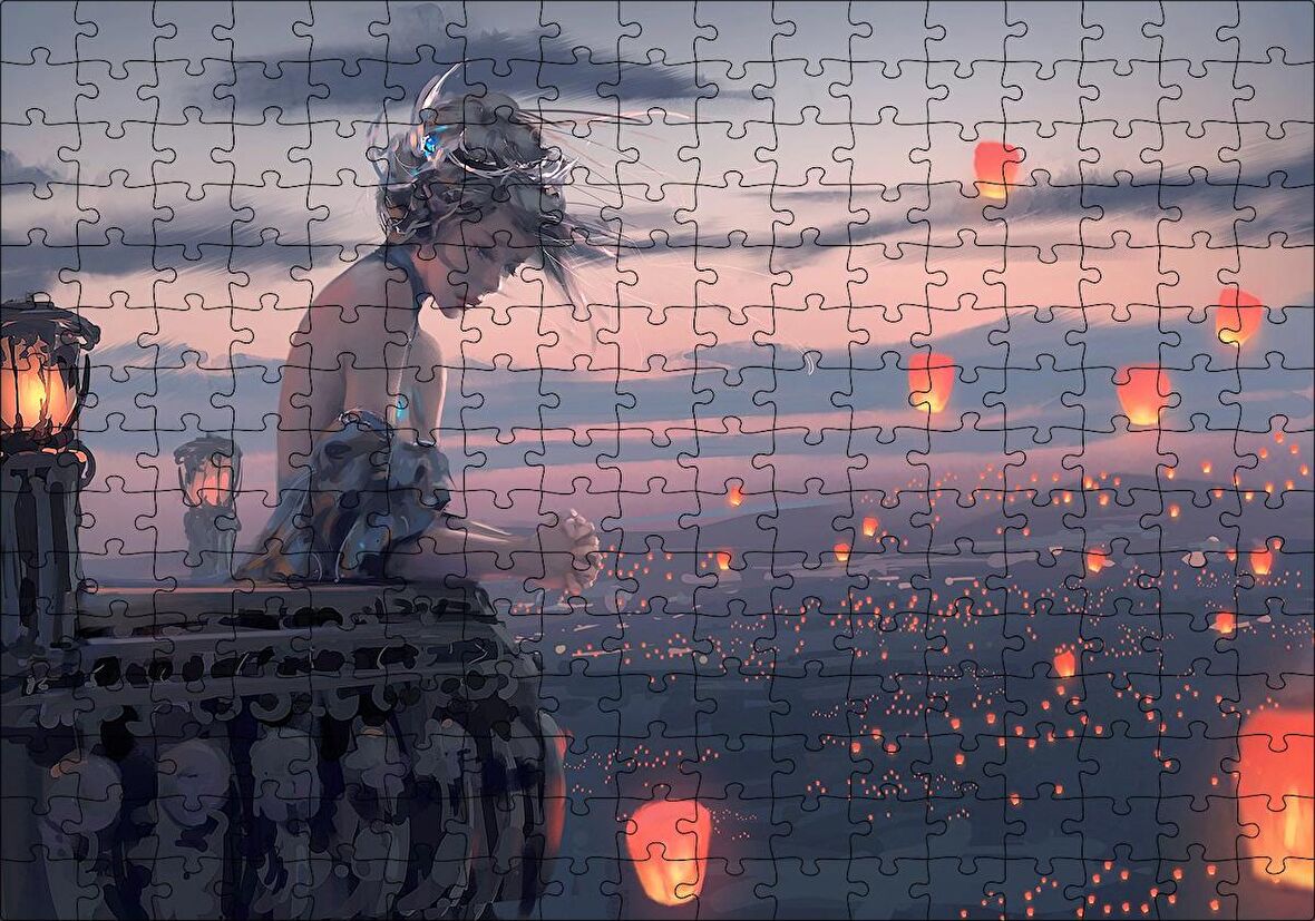 Cakapuzzle Balkonda Anime Karakteri Kız ve Dilek Ateşleri Puzzle Yapboz MDF Ahşap