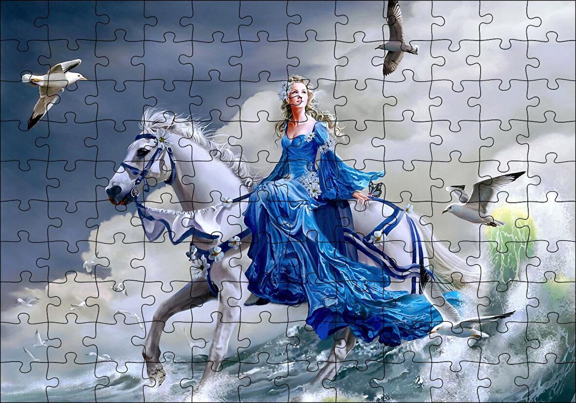 Cakapuzzle Beyaz Atlı Mavi Elbiseli Kız Deniz ve Martılar Puzzle Yapboz MDF Ahşap