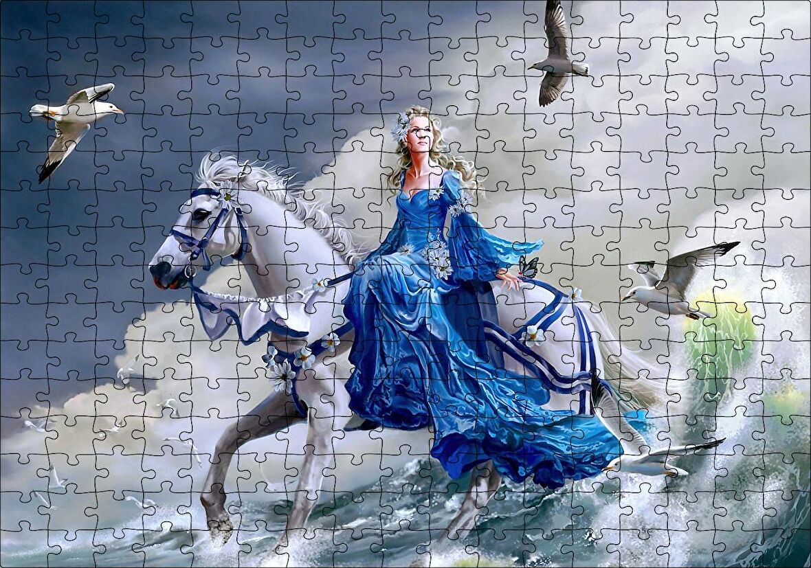 Cakapuzzle Beyaz Atlı Mavi Elbiseli Kız Deniz ve Martılar Puzzle Yapboz MDF Ahşap