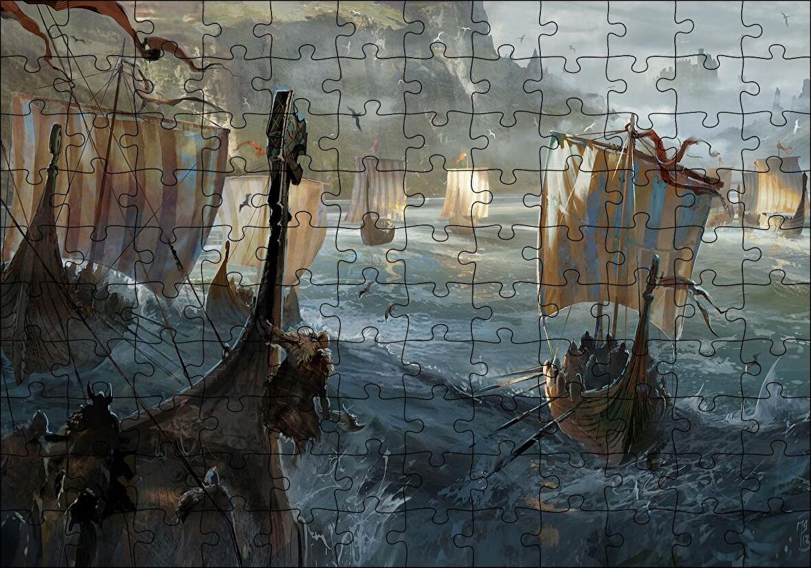 Cakapuzzle Dalgalı Denizde Viking Gemileri Puzzle Yapboz MDF Ahşap