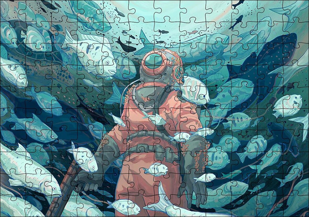 Cakapuzzle Giysisi ve Zıpkınıyla Balıklar Arasındaki Dalgıç Puzzle Yapboz MDF Ahşap