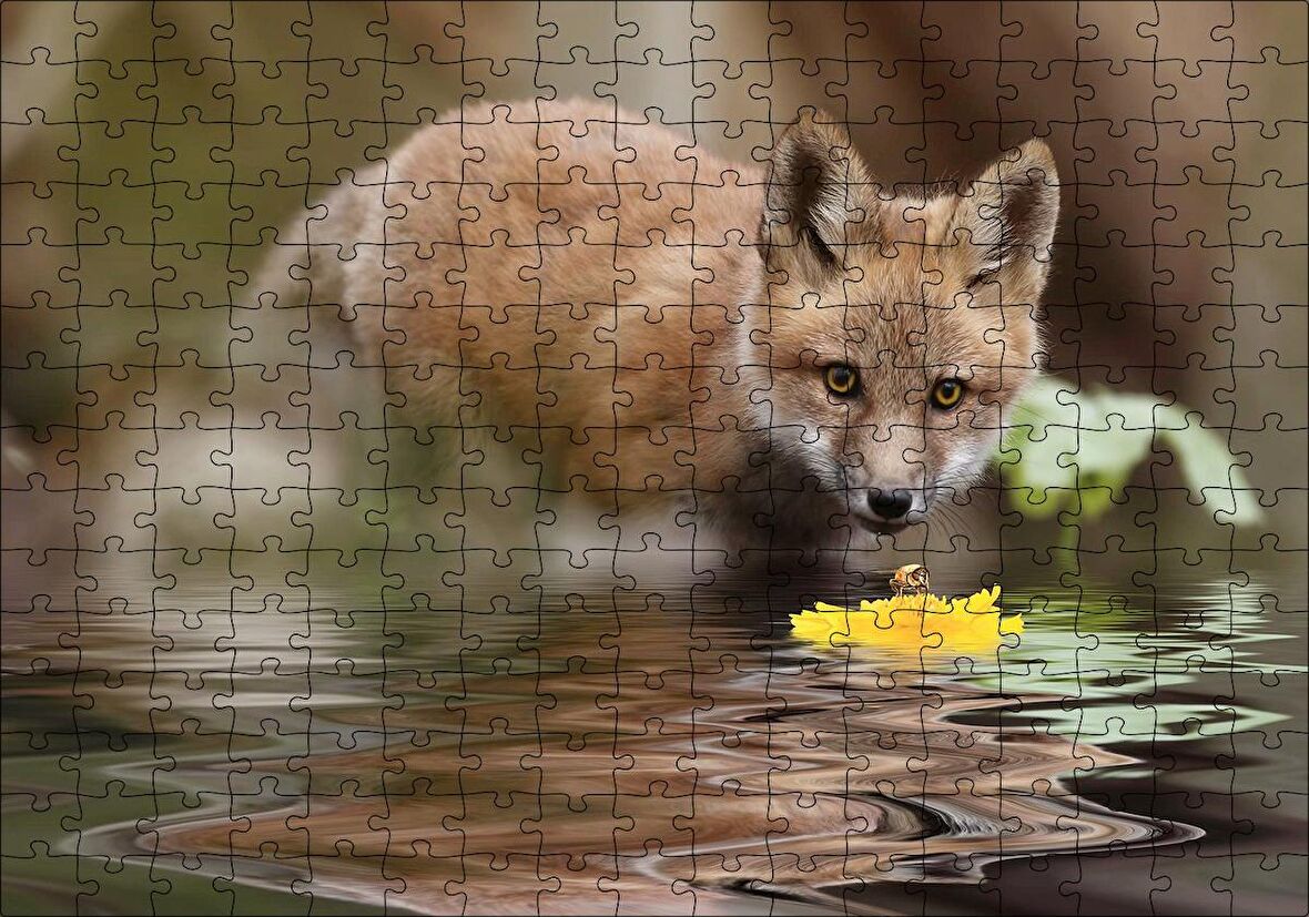 Cakapuzzle Göldeki Sarı Çiçeği İzleyen Yavru Tilki Puzzle Yapboz MDF Ahşap