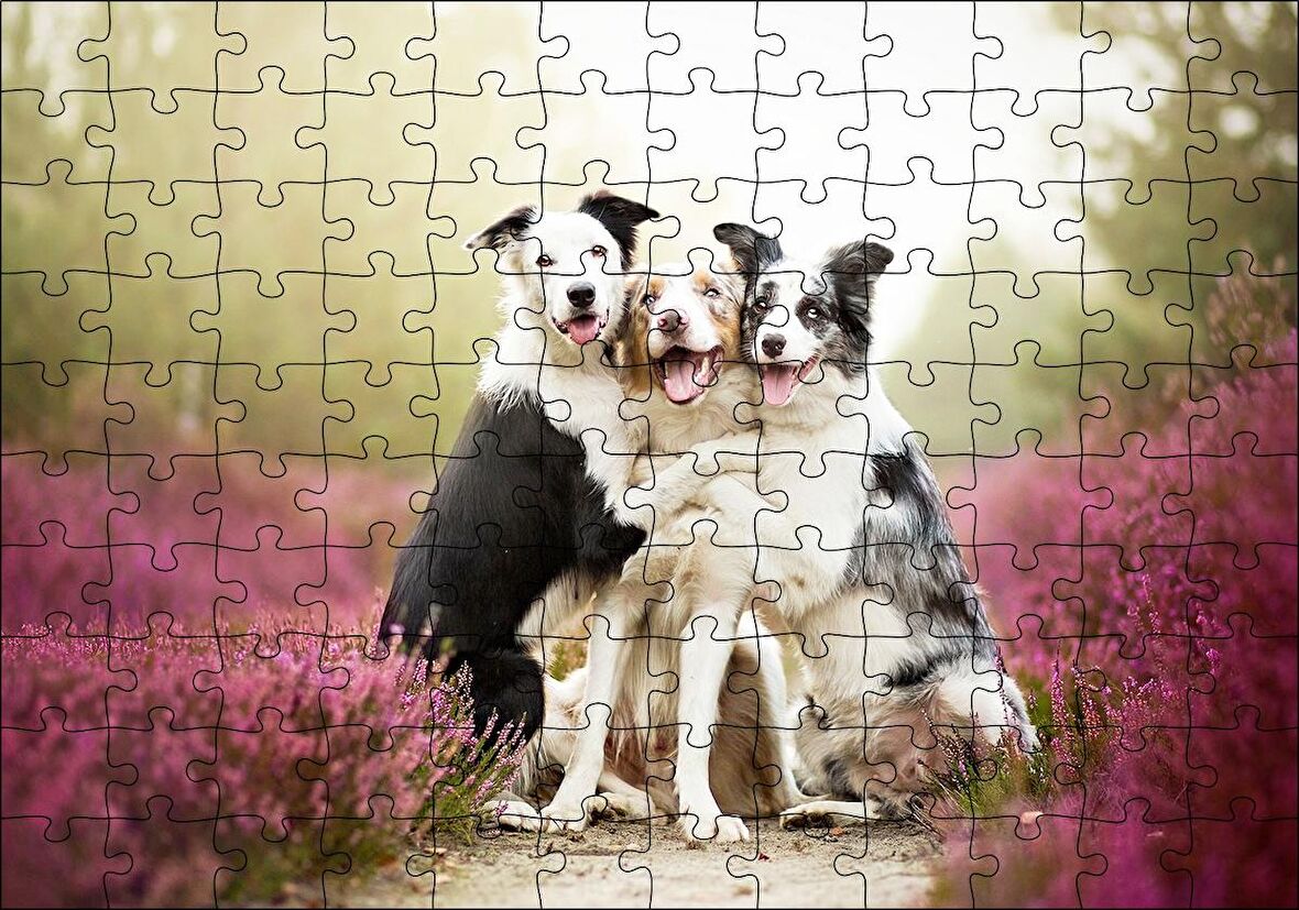 Cakapuzzle Gülerek Poz Veren Sevimli Köpekler ve Çiçekler Puzzle Yapboz MDF Ahşap