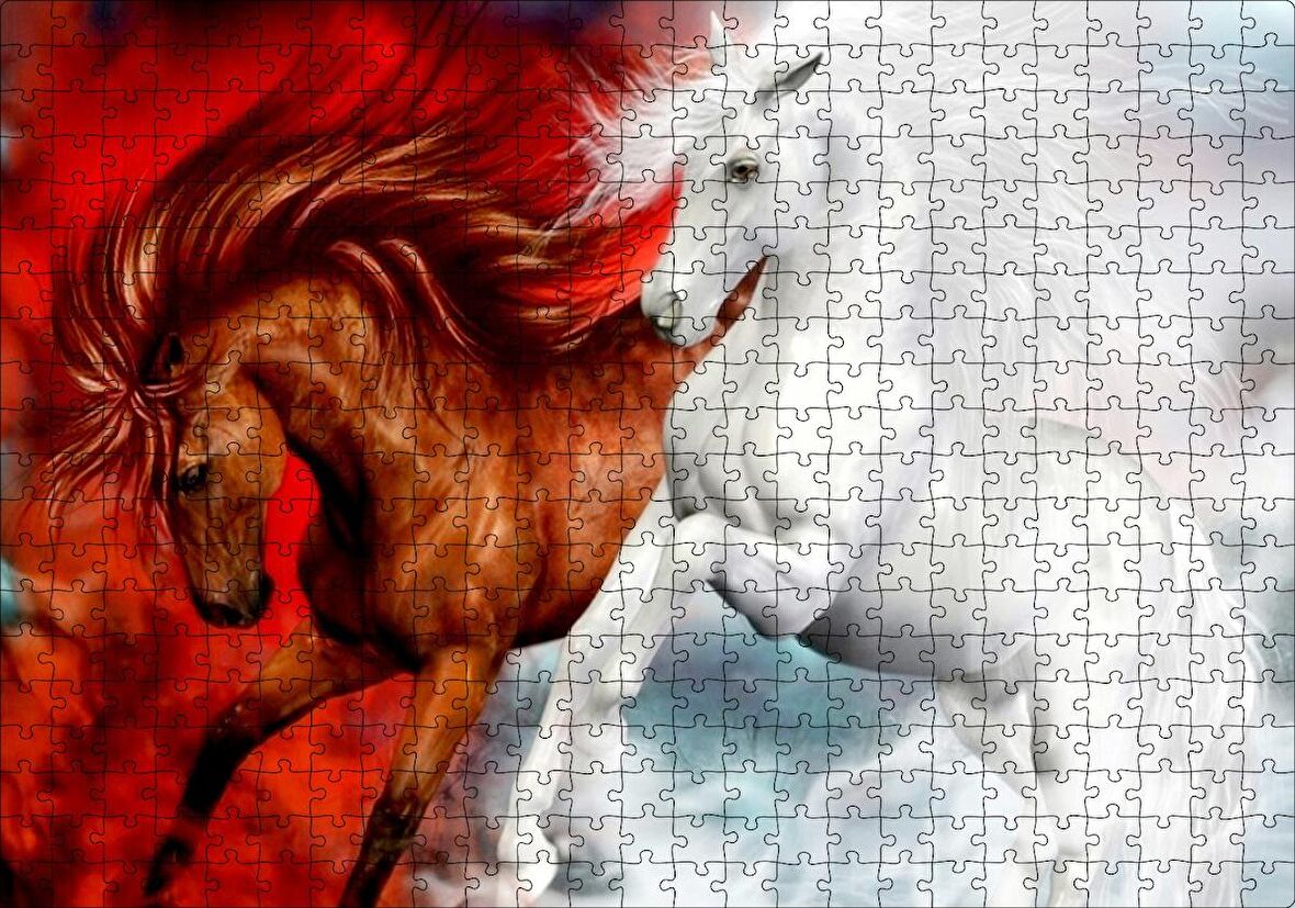 Cakapuzzle Kahverengi At Kızıl Zemin Beyaz At Beyaz Zemin Puzzle Yapboz MDF Ahşap