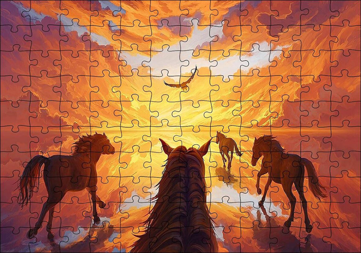Cakapuzzle Kızıl Bulutlu Gökler Sudaki Aksi ve Koşan Atlar Puzzle Yapboz MDF Ahşap