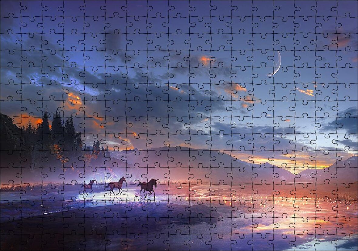 Cakapuzzle Mor Bulutlu Gökler ve Göl Kıyısında Koşan Atlar Puzzle Yapboz MDF Ahşap