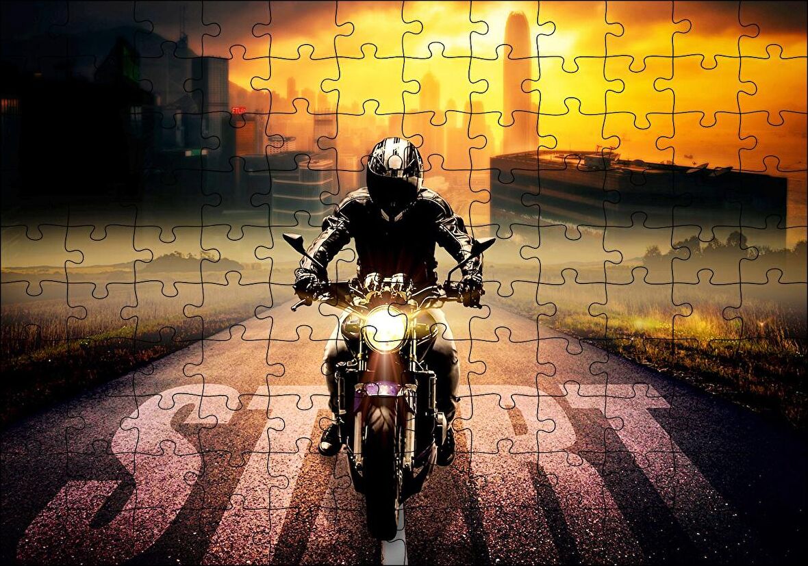 Cakapuzzle Motorsikletli Adam Günbatımı ve Gökdelenler Puzzle Yapboz MDF Ahşap