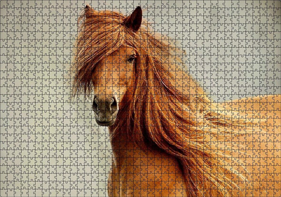 Cakapuzzle Olağanüstü Yelesiyle Kahverengi At Gri Zemin Puzzle Yapboz MDF Ahşap