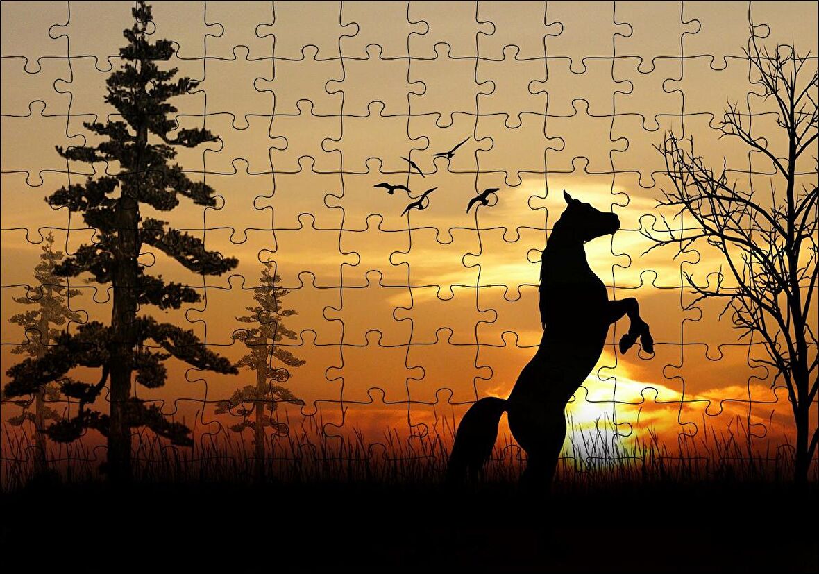 Cakapuzzle Şahlanan At Kuşlar Ağaçlar ve Gün Batımı Puzzle Yapboz MDF Ahşap