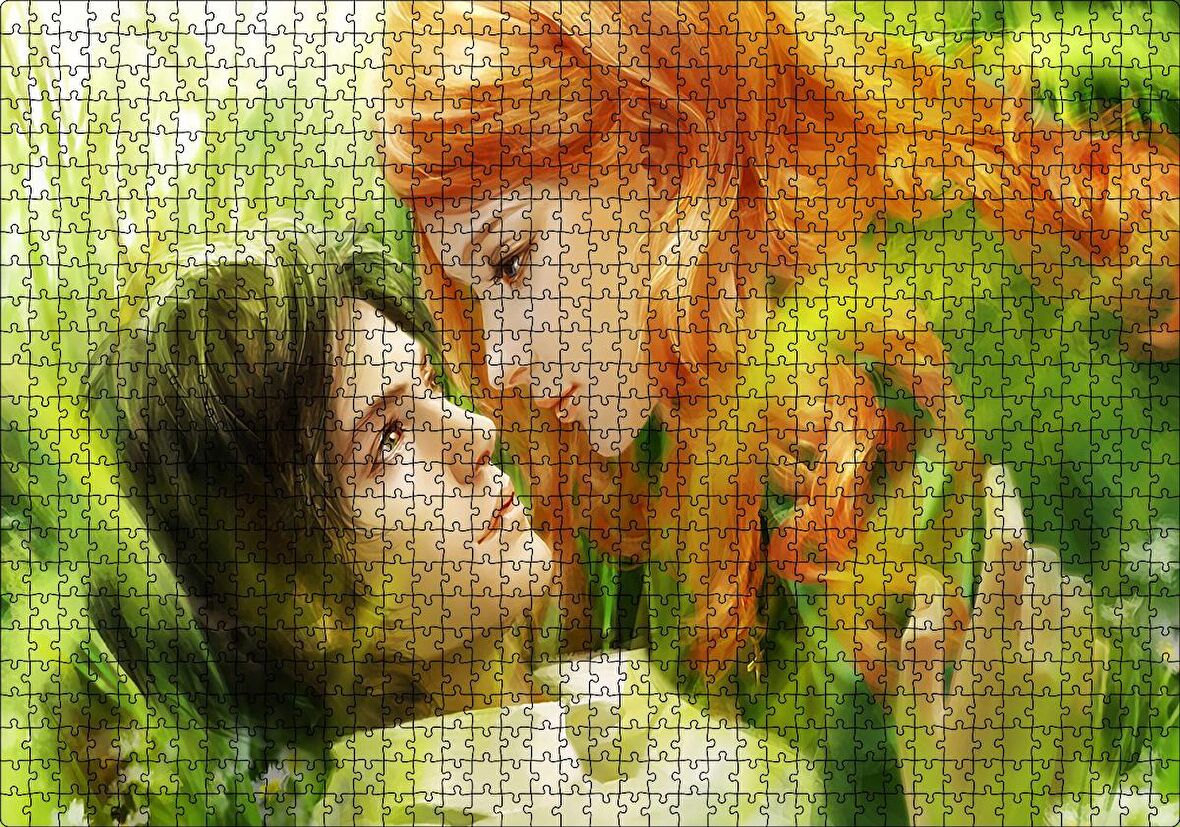 Cakapuzzle Yeşillikler Arasındaki Genç Kız ve Erkek Çizim Puzzle Yapboz MDF Ahşap