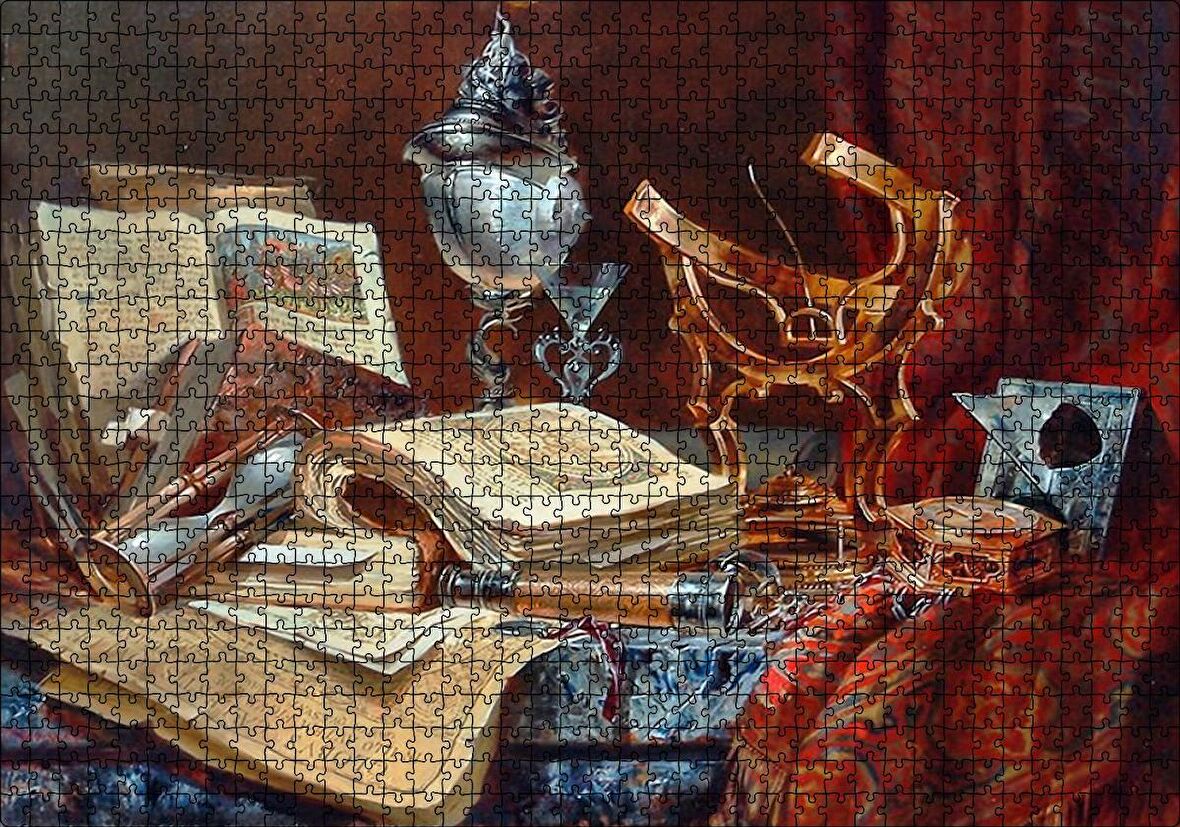 Cakapuzzle Eski Kitaplar Kum Saati Dürbün ve Usturlab Puzzle Yapboz MDF Ahşap