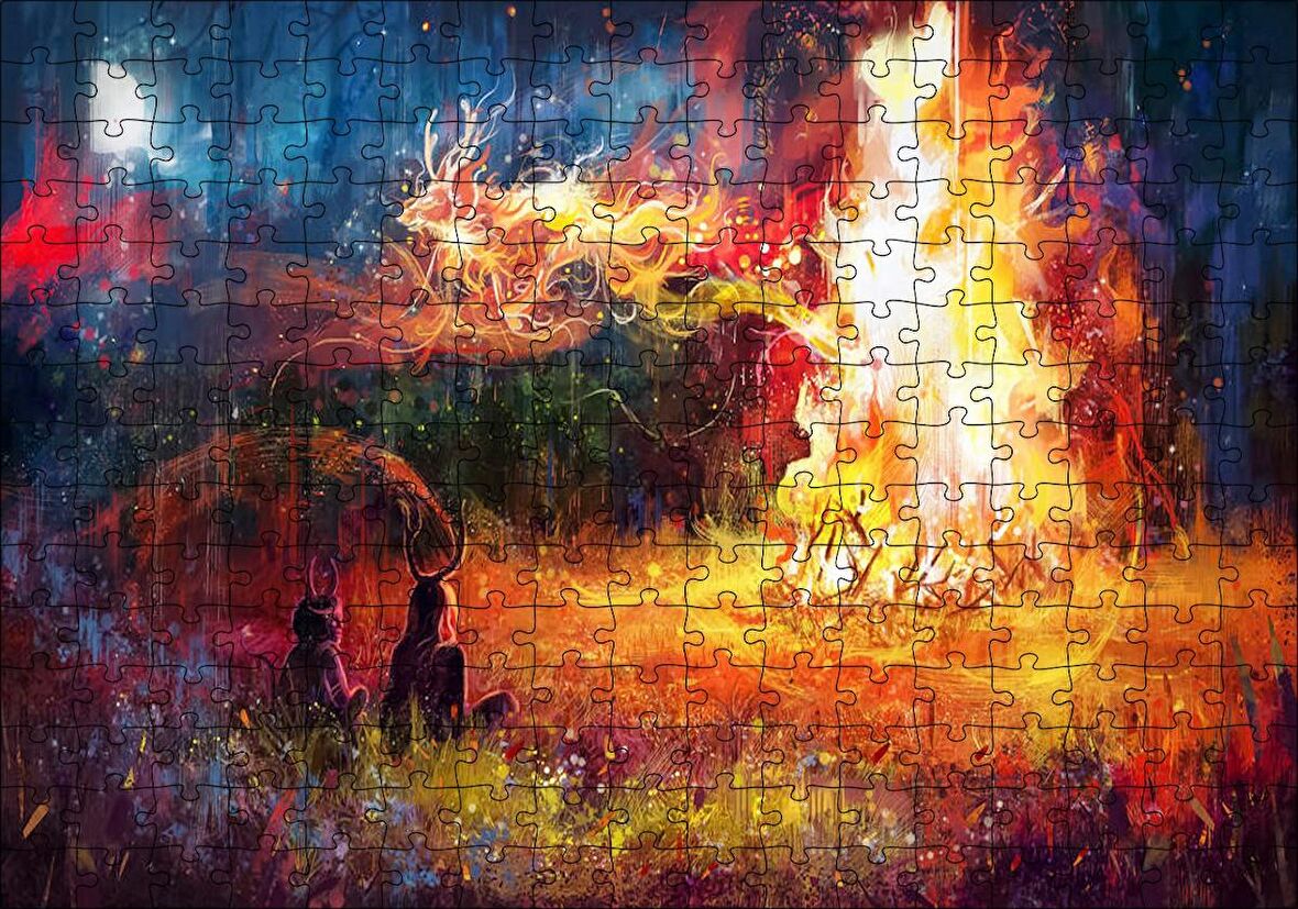 Cakapuzzle Gece Ormanda Kamp Ateşi ve Yüksek Alevler Puzzle Yapboz MDF Ahşap