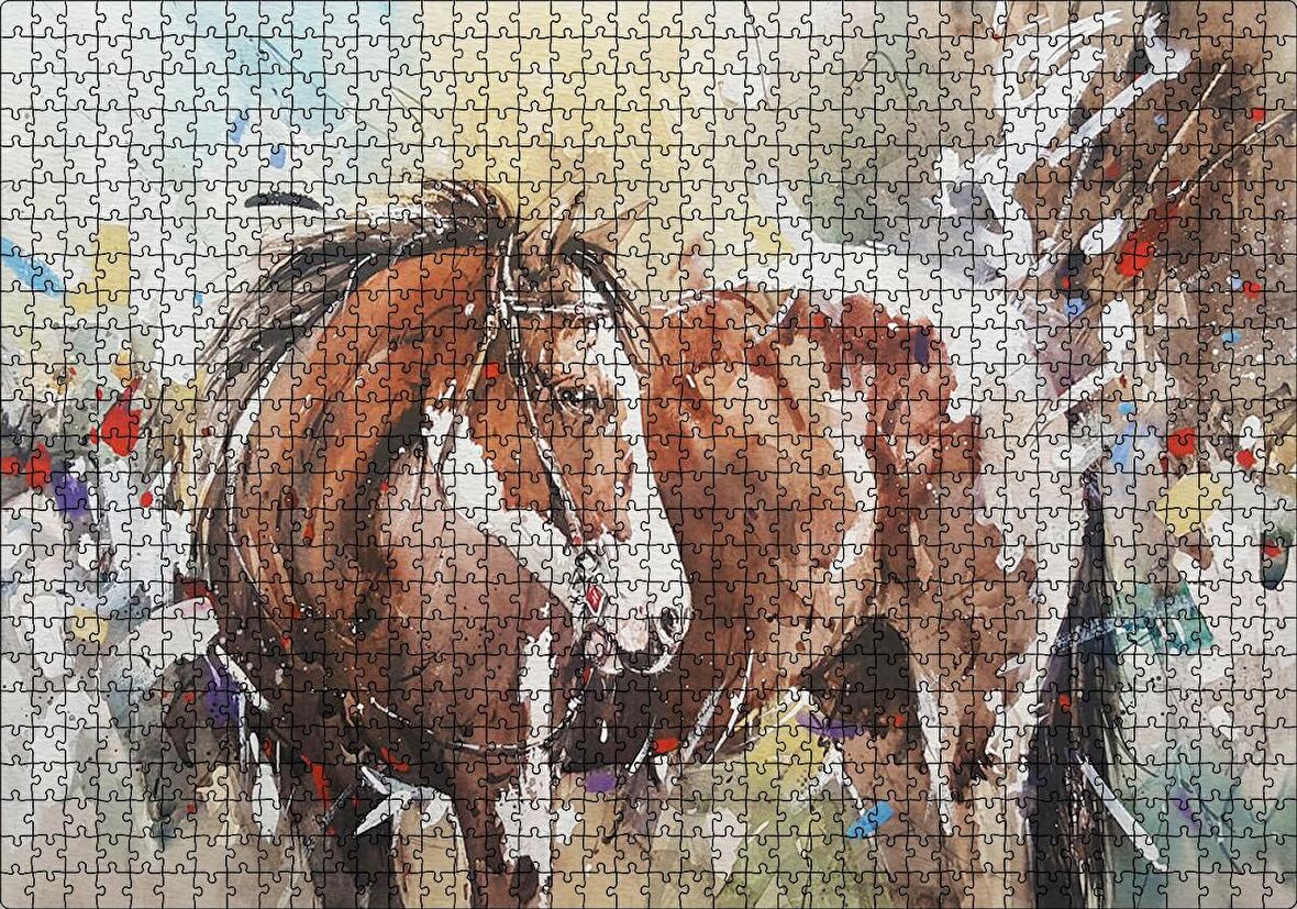 Cakapuzzle Kahverengi Beyaz At Büyük Fırça Darbeleri Puzzle Yapboz MDF Ahşap