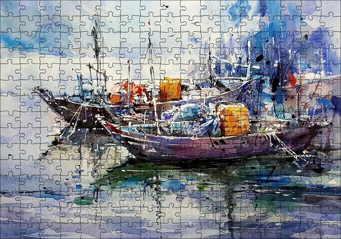Cakapuzzle Rıhtımda Demirli Kayıklar Yağlı Boya Puzzle Yapboz MDF Ahşap