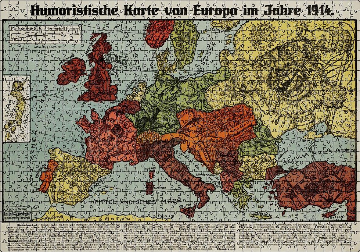 Cakapuzzle Avrupa Haritası Çizimi 1914 Mizahi Puzzle Yapboz MDF Ahşap