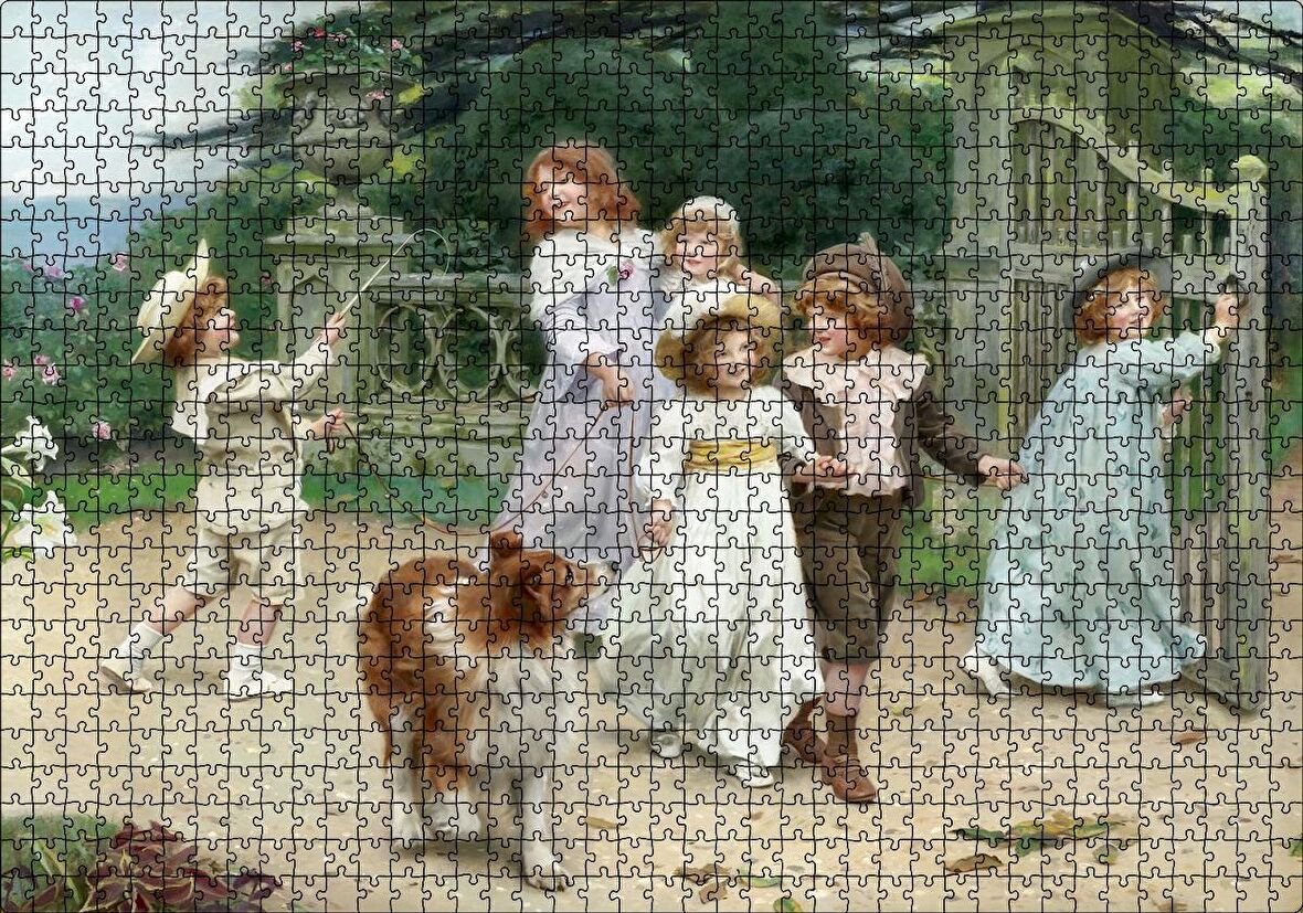 Cakapuzzle Bahçe Kapısı Önünde Çocuklar ve Köpekleri Puzzle Yapboz MDF Ahşap