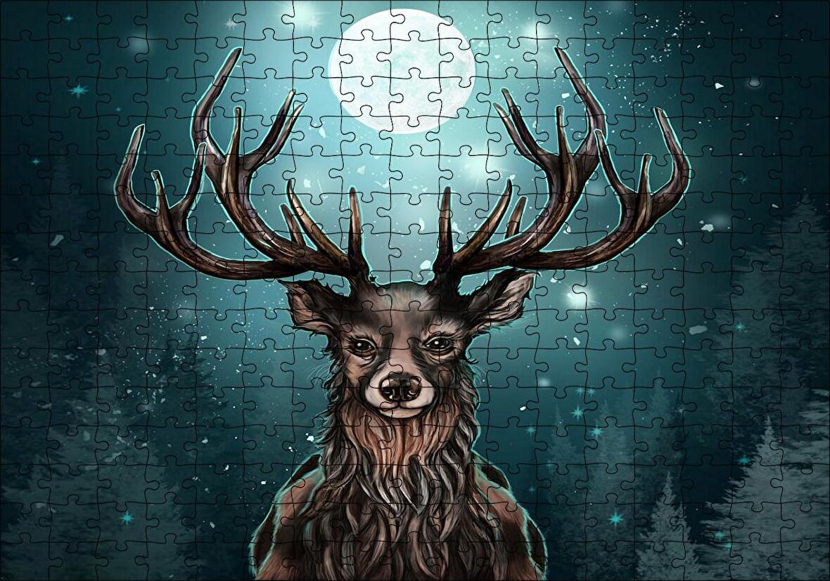 Cakapuzzle Dolunay Işığı Altında Boynuzlu Ren Geyiği Puzzle Yapboz MDF Ahşap
