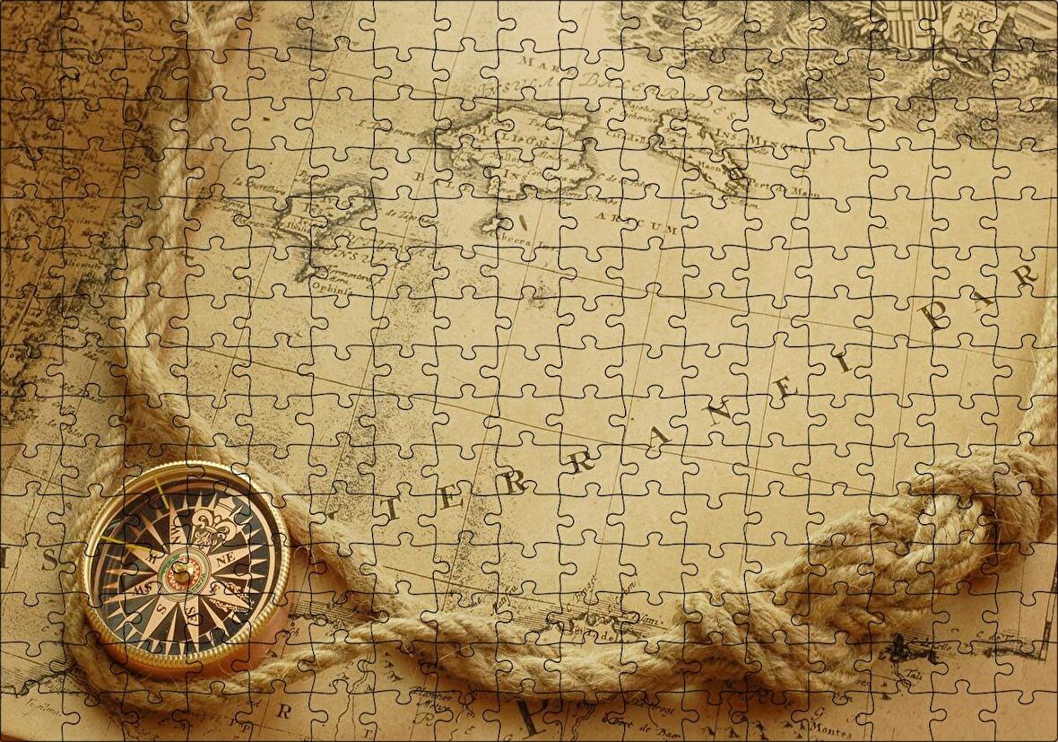 Cakapuzzle Eski Harita, Keten Halat ve Pusula Puzzle Yapboz MDF Ahşap