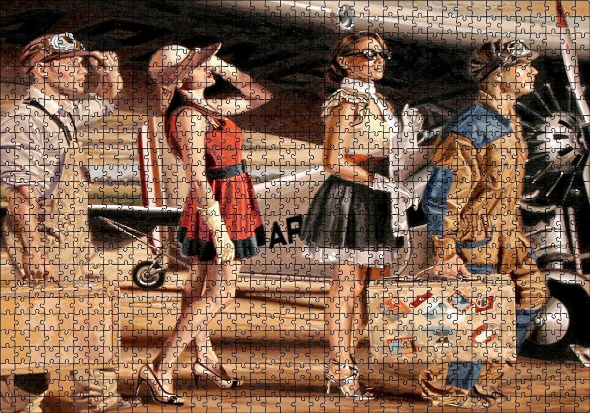 Cakapuzzle Eski Uçak, Pilotlar ve Kadın Yolcular Puzzle Yapboz MDF Ahşap