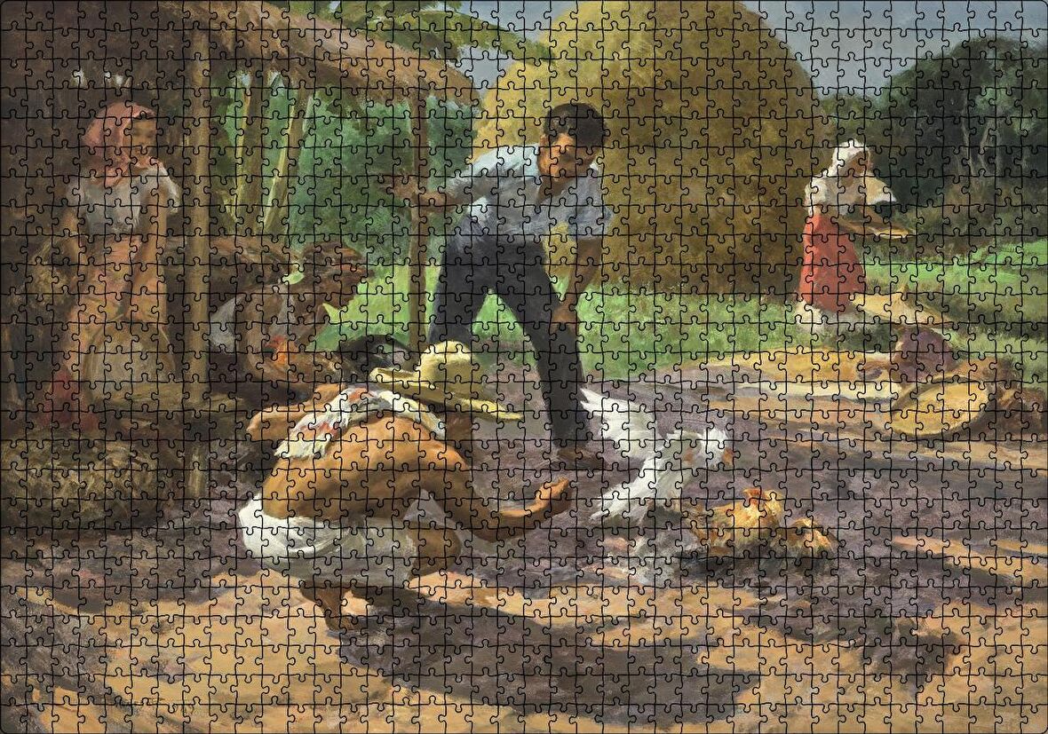 Cakapuzzle Horoz Dövüştüren Köylüler ve Saman Yığınları Puzzle Yapboz MDF Ahşap