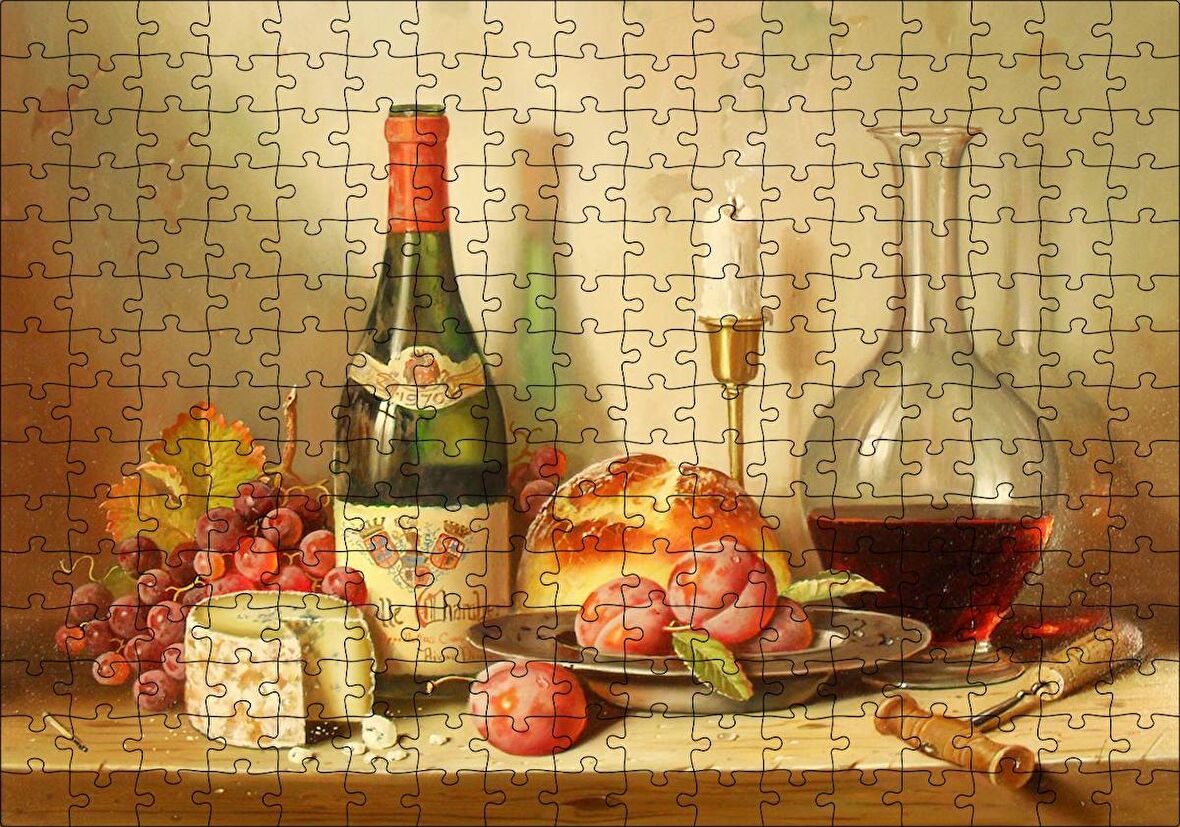 Cakapuzzle Şarap Peynir Ekmek ve Taze Meyveler Puzzle Yapboz MDF Ahşap